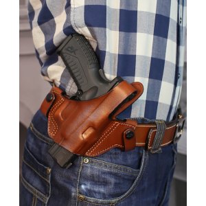 Easy on open barrel OWB leather holster with thumb break