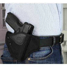 Pancake style OWB leather holster with security lock